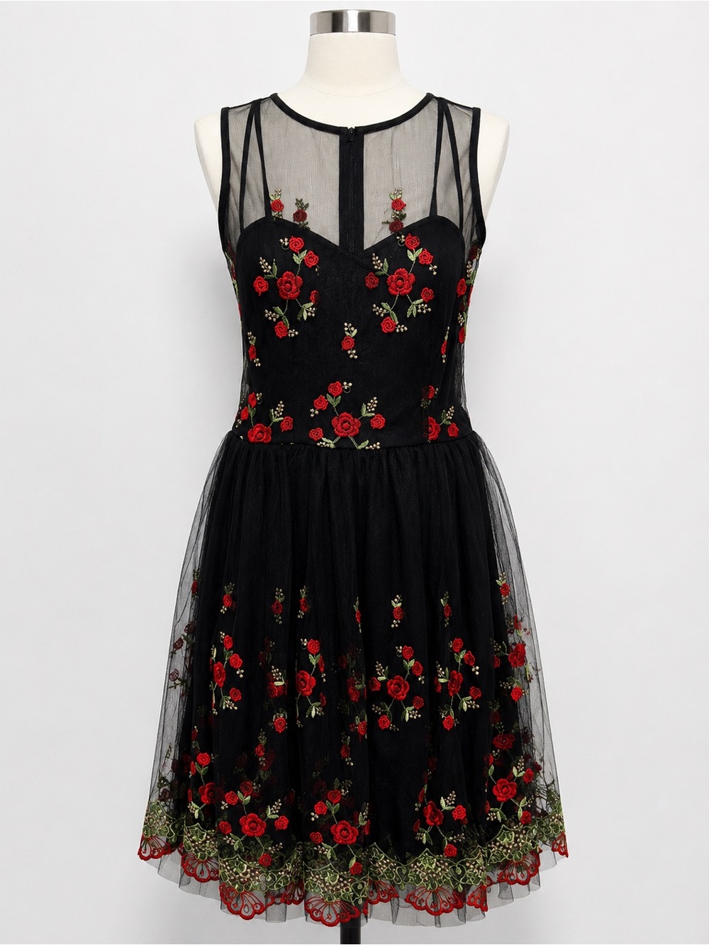 Mystic Black Mesh Mini Dress with Red Rose Embroidery